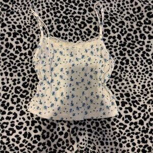 Blue Floral Cami with Lace Trim